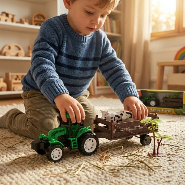 talu traktor haagisega loomad – detailvaade