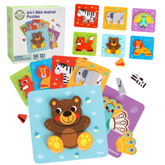 roheline pusle klotsid loomad – WOOPIE roheline puidust pusle klotsid loomad Montessori FSC 34tk.