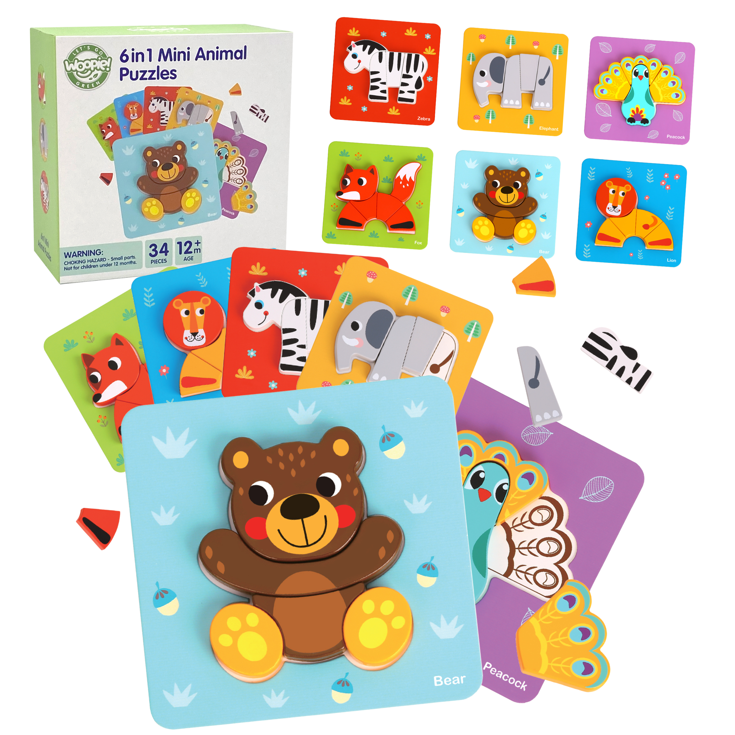 roheline pusle klotsid loomad – WOOPIE roheline puidust pusle klotsid loomad Montessori FSC 34tk.