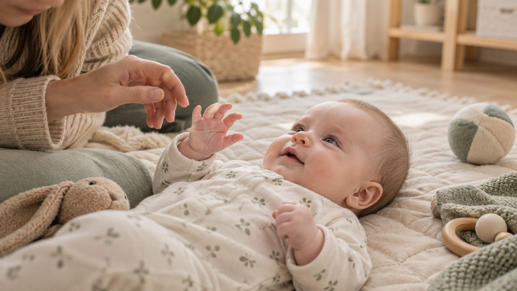 Selili mängumatil käsi avav väike beebi