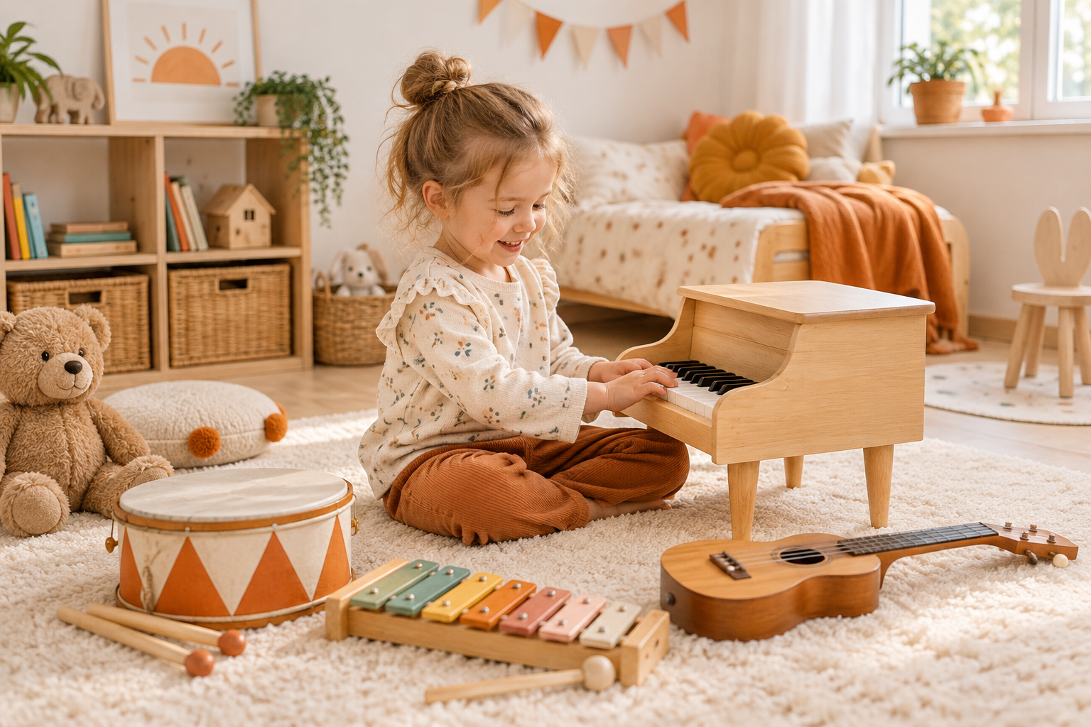 Laps mängib oranžide detailidega lastetoas puidust klaverit, kõrval trumm, ksülofon ja ukulele