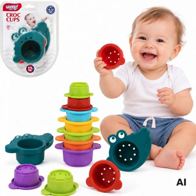 WOOPIE BABY krokodilliga vannimänguasi ja ülekallatavad topsid