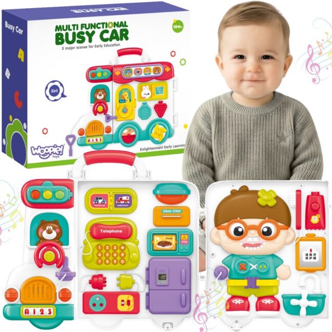 WOOPIE BABY interaktiivne Busy Car tegevustahvel ja sensoorne kohver 3-ühes