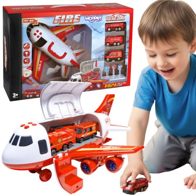 WOOPIE Foldable Plane Fire Department Transporter with 3 Fire Trucks XL komplekt Road Signs